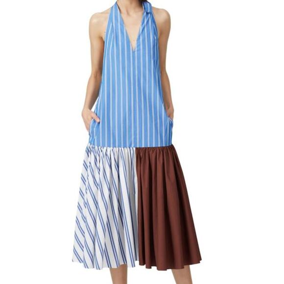 Tibi Dresses & Skirts - Tibi Blue and White Striped Halter Midi Dress with Brown Panel